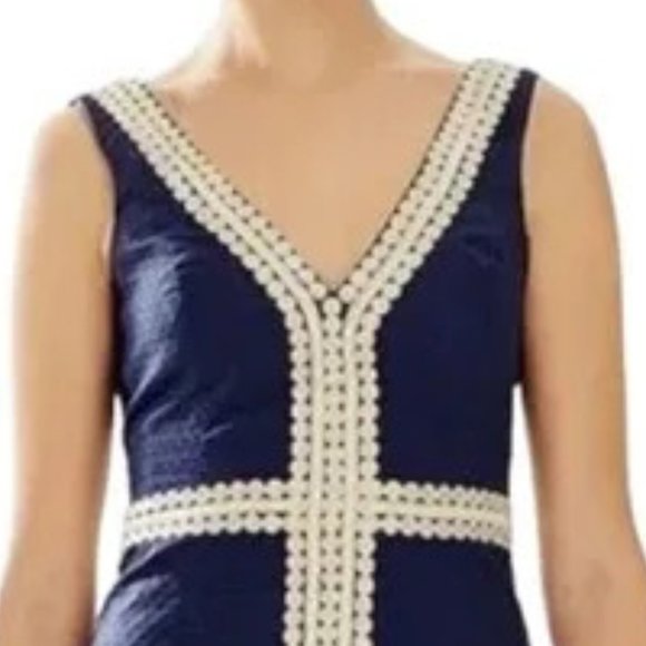 Lilly Pulitzer Bentley V-neck Shift Dress Navy Blue with Gold Embroidery.  SZ 2 - Picture 5 of 5